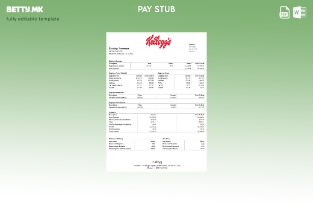 модерен стил USA Kellog компанија за преработка на храна, шаблон paystub